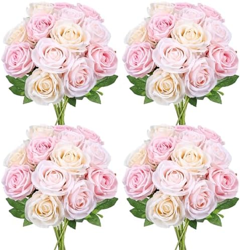 48 PCS Champagne & Pale & Light Pink Roses Artificial Flowers by DIYDOFUN