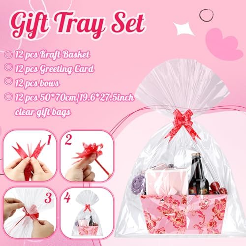 Kolldenn 12 Pack Empty Gift Basket to Fill 9.8 x 6.5'' Pink Purple Floral Bouquet Box with Handles Bows Plastic Bags and Card for Tea Party Wedding Arrangement - Image 4