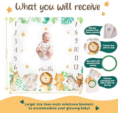 KooKooBaby Baby Monthly Milestone Blanket - 47x47 Premium Fleece Milestone Blanket for Baby Girl and Boy - Safari Animals Monthly Baby Milestone Photo Background with Felt Circle Marker - Image 2