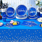 352 Pcs Blue and Silver Birthday Party Tableware Set for 50 Guests Silver Dot Paper Plates Cups Napkins Plastic Tablecloths Forks Knives Spoons Blue Party Supplies for Birthday Wedding Decorations - Image 4