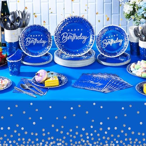 352 Pcs Blue and Silver Birthday Party Tableware Set for 50 Guests Silver Dot Paper Plates Cups Napkins Plastic Tablecloths Forks Knives Spoons Blue Party Supplies for Birthday Wedding Decorations - Image 4