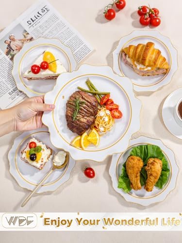 WDF 100PCS White and Gold Plastic Plates - Gold Disposable Plates - Include 50 Dinner & 50 Dessert Plate for Party - Heavy Duty Fancy Plastic Plate for Wedding/Thanksgiving/Bridal shower (Pack of 2) - Image 3