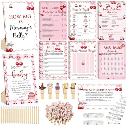 Funnymoom 426 Pcs Cherry Baby Shower Games for Girl, 8 Activity Pack by Funnymoom