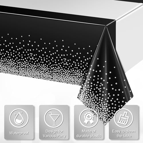 12Pcs Black Silver Tablecloth Party Decorations,Plastic Black Table Cloth Printed Silver Table Runner Disposable Rectangle Table Cover for Birthday Anniversary Wedding Graduation Party,54 x108 Inch - Image 3