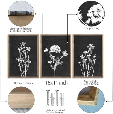 Flower Plant Wall Art Decor 16"x11" Set of 3 Black And White Wood Black - Image 2