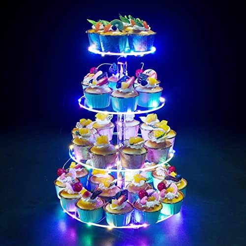Cupcake Stand, 4-Tier Round Cupcake Holder with LED light String, Acrylic Cupcake Tower Display-Dessert Tower-Pastry Stand-Cupcake Tier Stand for Wedding, Birthday party ( Colorful Light) by OLACHIKKO