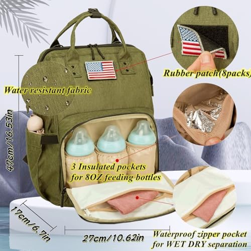 Diaper Bag Backpack for Dad and Mom with USB Charging Port Stroller Straps and Insulated Pocket,army military Travel Nappy Backpack for Daddy/Mommy (Green) - Image 6