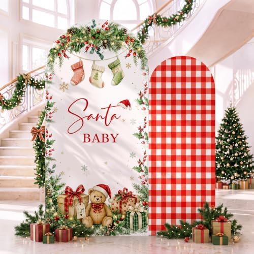Tegeme 2 Pcs Santa Baby 7.2ft Arch Backdrop Cover Baby Shower Background by Tegeme