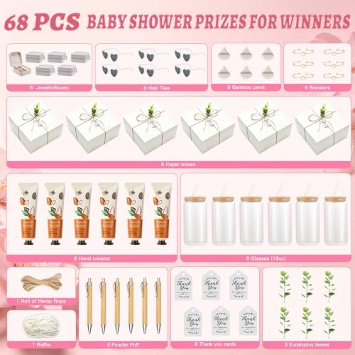 74Pcs Baby Shower Prizes for Game Winners Include Glass Tumblers with Lids and Straws, Hand Creams, Jewelry Boxes, Sunglasses, Powder Puffs for Baby Shower Wedding Bridal Shower Favors (White, 6) - Image 2