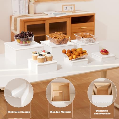 VIVIRBIEN White Wooden Cake Stand Buffet Food Risers, 6pcs Set for Buffet Table, Large Cake/Fruit Display Stand/Cupcake, Perfect for Parties, Weddings - Image 3
