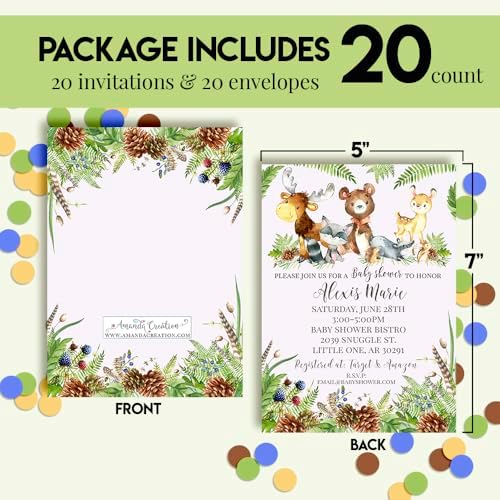 Amanda Creation Custom Baby Shower Invitations, 20 Personalized 5x7 Woodland Baby Shower Invites with White Envelopes, Customizable Forest Animal Design - Image 4