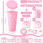 Skylety 24 Pcs Pink Bow Plastic Cups with Lid Straw and Ribbon - Image 2