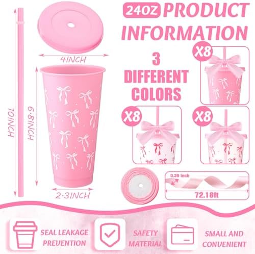 Skylety 24 Pcs Pink Bow Plastic Cups with Lid Straw and Ribbon - Image 2