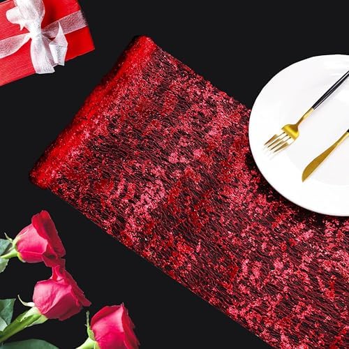 Snowkingdom Red Sparkly Table Runner Sequin Glitter Metallic Foil Mesh Runner 11 Inch x 100 Feet Romantic Wedding Reception Anniversary Birthday Party Bridal Shower Mother's Day Table Decoration - Image 4