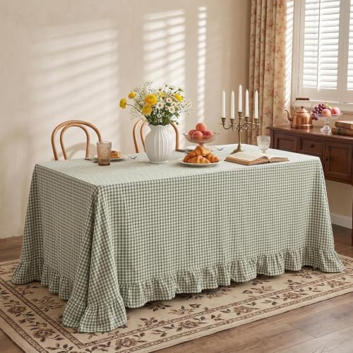 Eternal Beauty Gingham Ruffled Tablecloth Sage Green 60x102 Christmas - Image 4
