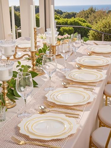 WDF 100PCS Ivory Plastic Plates with Gold Rim - Cream Plastic Plates - Include 50 Dinner & 50 Dessert Fancy Disposable Plate for Party - Heavy Duty Beige Plate for Baby Shower/Wedding - Image 2