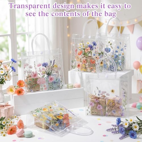 Canchiing 50 Pcs Wildflower Clear Gift Bags with Handles Reusable Spring Flower Treat Bags PVC Gift Wrap Totes for Floral Themed Baby Shower Wedding Birthday Party Favors, 7.9 x 7.9 x 3.1 - Image 6
