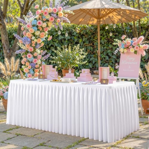 White Polyester Table Cloths for Rectangle 6 Foot Tables, 1 Pack Wrinkle Free Tablecloths Stretchy Banquet Ruffle Fitted Table Cover Desk Skirt for Parties Wedding Birthday Baby Shower - Image 5