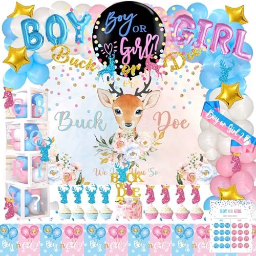 Hombae Buck or Doe Gender Reveal Decorations, 169 PCs Boy or Girl Gender Reveal Decorations Backdrop Balloon Garland Banner Tablecloth Cake Cupcake Topper Box Cutout Poster Sash Blue Pink by Hombae