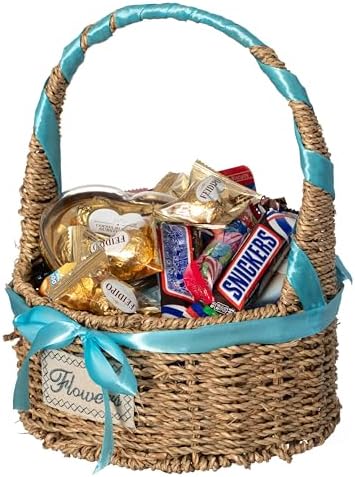 Wickerwise Small Seagrass Wicker Picnic Basket with Handle - Versatile Gift Basket with Blue Ribbon for New Year and Other Occasions, Garden and Home Decor, Natural Wicker Basket and Storage Solution by Wickerwise