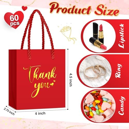 Honoson 60 Pcs Mini Thank You Gift Bag with Handle Bulk,Red - Image 4