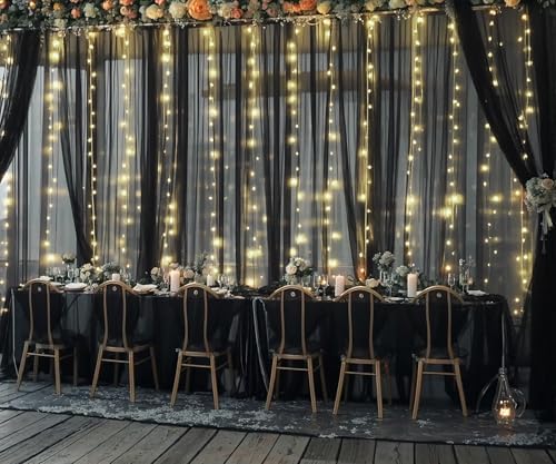 Black Tulle Backdrop Curtain with Lights String for Parites 20ft×8ft Black Sheer Backdrop Curtains for Baby Shower Wedding Bridal Shower Birthday Party Photo Shoot Decorations(4 Panels 5×8ft) - Image 4