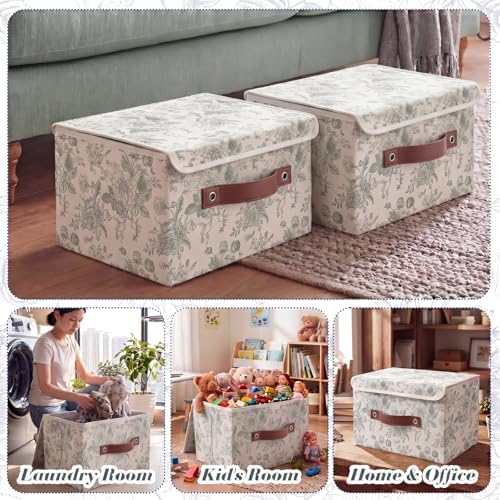 2 Pack Sage Green Floral Storage Bin with Lids, 15x10x10 Inch - Image 3