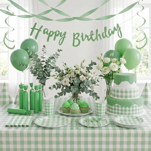 Pajean 350 Pcs Gingham Paper Plates and Napkins, Green White - Image 4