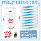 50 Pcs 12 oz Disposable Plastic Cups with Bar Sign – "She's Ready to Pop" Baby Shower Cups with Straws for Soda Theme, Gender Reveal, Pregnancy Announcement, Weddings, Bachelorette Parties (Blue) - Image 3