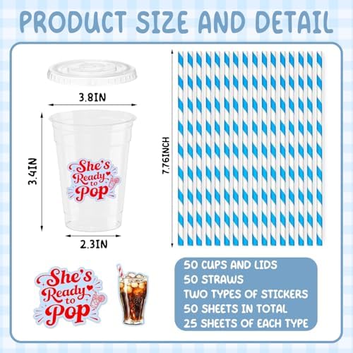 50 Pcs 12 oz Disposable Plastic Cups with Bar Sign – "She's Ready to Pop" Baby Shower Cups with Straws for Soda Theme, Gender Reveal, Pregnancy Announcement, Weddings, Bachelorette Parties (Blue) - Image 3