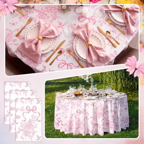Ganeen 12 Pcs Pink Floral Bow Plastic Tablecloth 84 in Flower Round Vintage Tablecloth Disposable Round Waterproof Table Cover for Birthday Wedding Bridal Shower Baby Shower Tea Party Decoration Party - Image 5