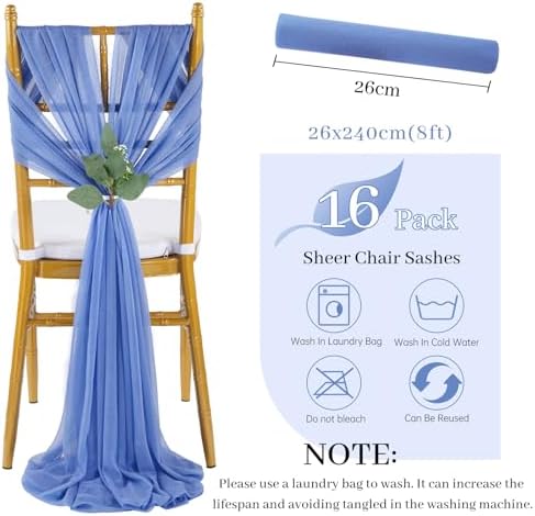 QueenDream Dusty Blue Chair Sashes Decorations: 16 Packs Wedding Aisle Draping Fabric Wedding AisleSheer Church Chair Cover Bulk for Baby Shower Party Banquet - Image 6