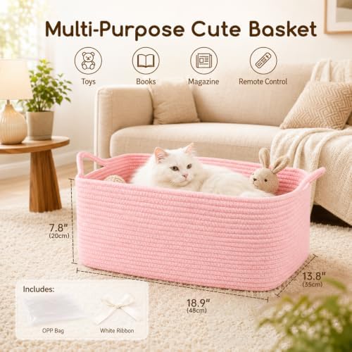 OIASKET Large Empty Cotton Rope Gift Basket with Handles, 18.9"x13.8"x7.8" Decorative Woven Storage Basket with Gift Bag and Ribbon Set for Baby Shower, Toy Organizer for Kids, Dogs & Cats - Pink - Image 6
