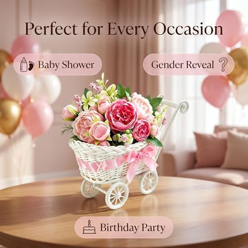 4-Pack White Rattan Baby Carriage Floral Arrangements with Pink Artificial Bouquets – Baby Shower Table Centerpieces, Gender Reveal Party Favors, Mini Stroller Decorations for Guests, Wedding Décor - Image 6