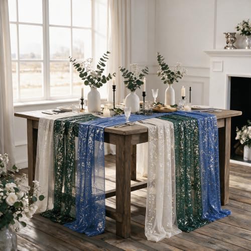 Artoid Mode 6PC Beige Green Blue Gauze Table Runner 120 Inch 10FT, Glitter Metallic Foil Sheer for Wedding Anniversary Holiday Birthday Home Party Decor - Image 2