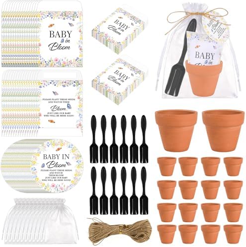 Fantasyon 24 Sets Baby Shower Party Favors Seed Packets for Guests – Include 24 Mini Terracotta Pots, 24 Self Adhesive Envelopes, Thank You Tags, Organza Bags, Garden Shovel by Fantasyon