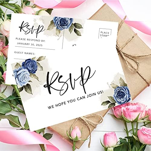 Andaz Press 56-Pack Personalized RSVP Postcards for Wedding Navy Blue Roses Cardstock Response Reply Cards for Bridal Shower Baby Shower Birthday Event Custom Date and Return Address 4 x 6-Inch - Image 3