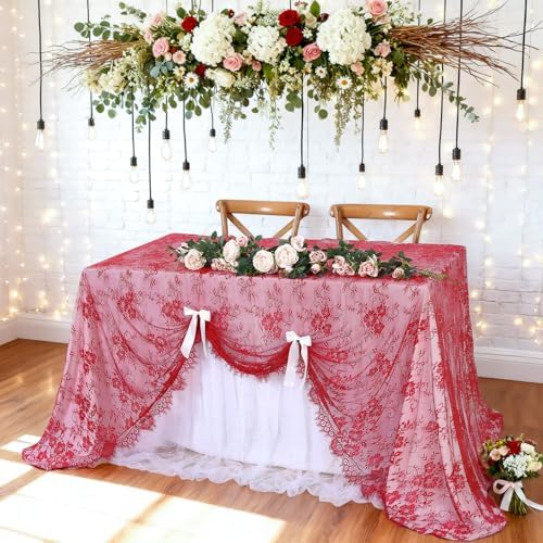 LuoluoHouse Red Tablecloth Lace Table Fabric 2pcs 60x120 Inch for Birthday - Image 2