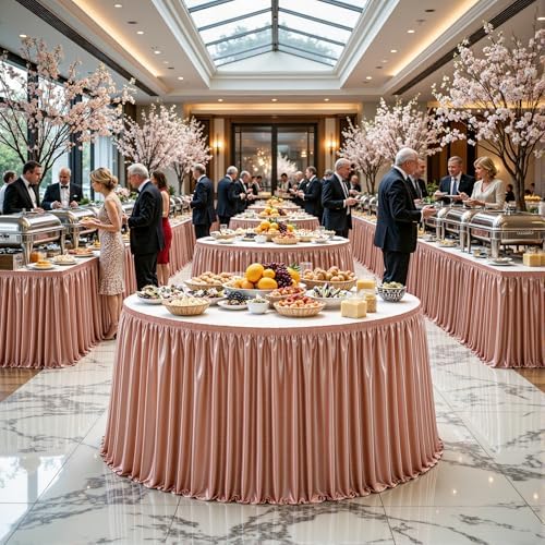 14ft Length Dusty Rose Satin Table Skirt for Rectangle Tables, Wrinkle Resistant Pleated Ruffle Table Cloth Glitter Desk Skirting for Weddings Banquet Birthday Party Bridal Shower Decorations - Image 3