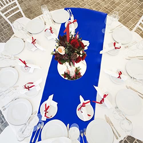 Queekay 24 Pcs 84'' Round Plastic Tablecloth 12 x 108'' Satin Table Runners Set White Plastic Table Covers Round Waterproof Cloths for Wedding Party Decor Baby Shower Birthday(Royal Blue) - Image 4