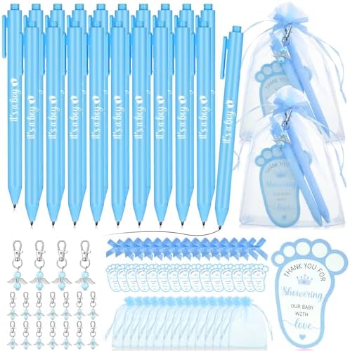 CTOSREE 250 Pcs Baby Favors - Includes Pens, Angel Keychains, Bags, Cards for Baby Shower, Gender Reveal (Blue, It's a Boy) by Ctosree