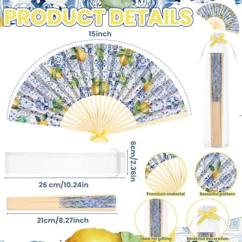 JellyArch 36 Sets Lemon Handheld Folding Fans with White Organza Bags and Yellow Bows Tile Capri Lemon Hand Fan Bulk for Wedding Guests Gift Bridal Party Decorations Church Baby Shower Supplies - Image 2
