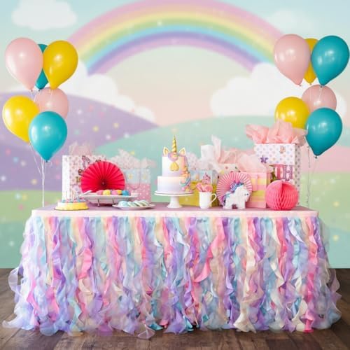 Rainbow Tutu Table Skirt. 6ft with Double Layer Organza Willows for Unicorn Party Supplies, Rainbow Decorations, 1st Birthday , Baby Shower Décor or Mermaid Backdrop by BluekateParty