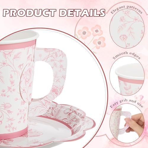 FillTouch 100 Sets Pink Floral Paper Tea Cups and Saucers Disposable Paper Tea Party Supplies 9 oz Cups with Handle and Saucer for Birthday Wedding Party Decorations - Image 2