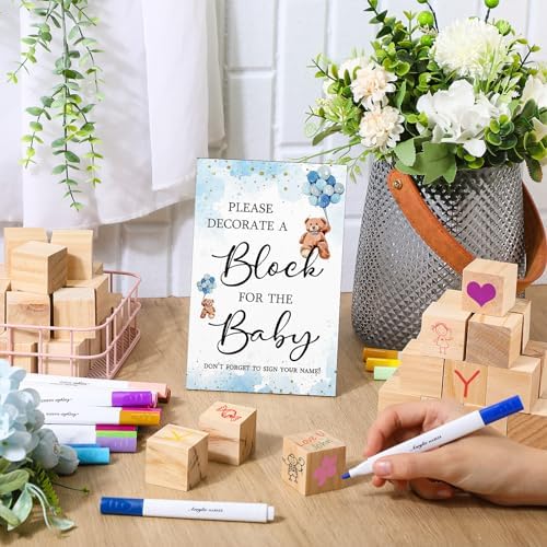 Qilery 75 Pcs Baby Shower Game Sign Kit Wood Blocks, Blue, Bear - Image 4