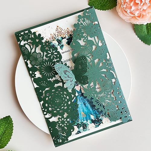 Hosmsua 5.12''x7.3'' 50PCS Emerald Green Quinceanera Invitation Kit Laser Cut Flora Butterfly Invitation Cards Pocket with Envelopes for Quinceanera Bridal Shower Wedding invite (Emerald Green) - Image 2