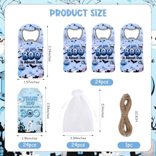 24 Sets Halloween Bottle Openers Baby Shower Party Favors, Blue Black Bottle Opener Keychain Set with Thank You Tags Organza Bags for A Little Boo Is Almost Due Party Guest Gifts Decor - Image 6