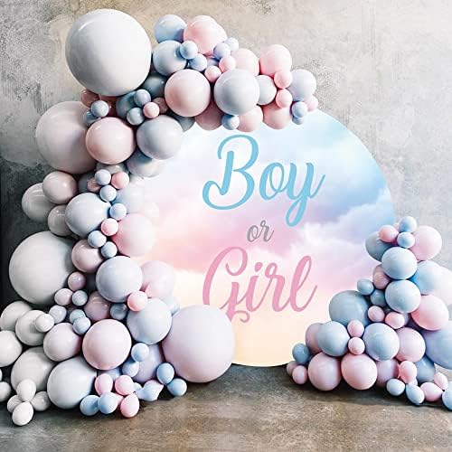 Laeacco 6.5x6.5ft Boy or Girl Gender Reveal Round Backdrop Blue Pink Clouds Circle Background for Photography Newborn Baby Shower Gender Reveal Surprise Party Cake Table Decorations Photo Booth Props - Image 4
