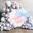 Laeacco 7.5x7.5ft Boy or Girl Gender Reveal Round Backdrop Blue Pink Clouds Circle Background for Photography Newborn Baby Shower Gender Reveal Surprise Party Cake Table Decorations Photo Booth Props - Image 4