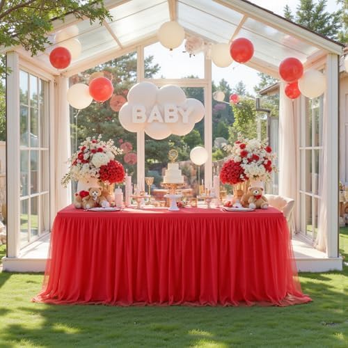 HB HBB MAGIC Red Table Cloths 8 Foot Rectangle Tulle Table Skirt Rectangle Tables 8ft Fitted Spandex Table Covers Stretch Elastic Banquet Wedding Baby Shower Birthday Party Table Cloths - Image 2